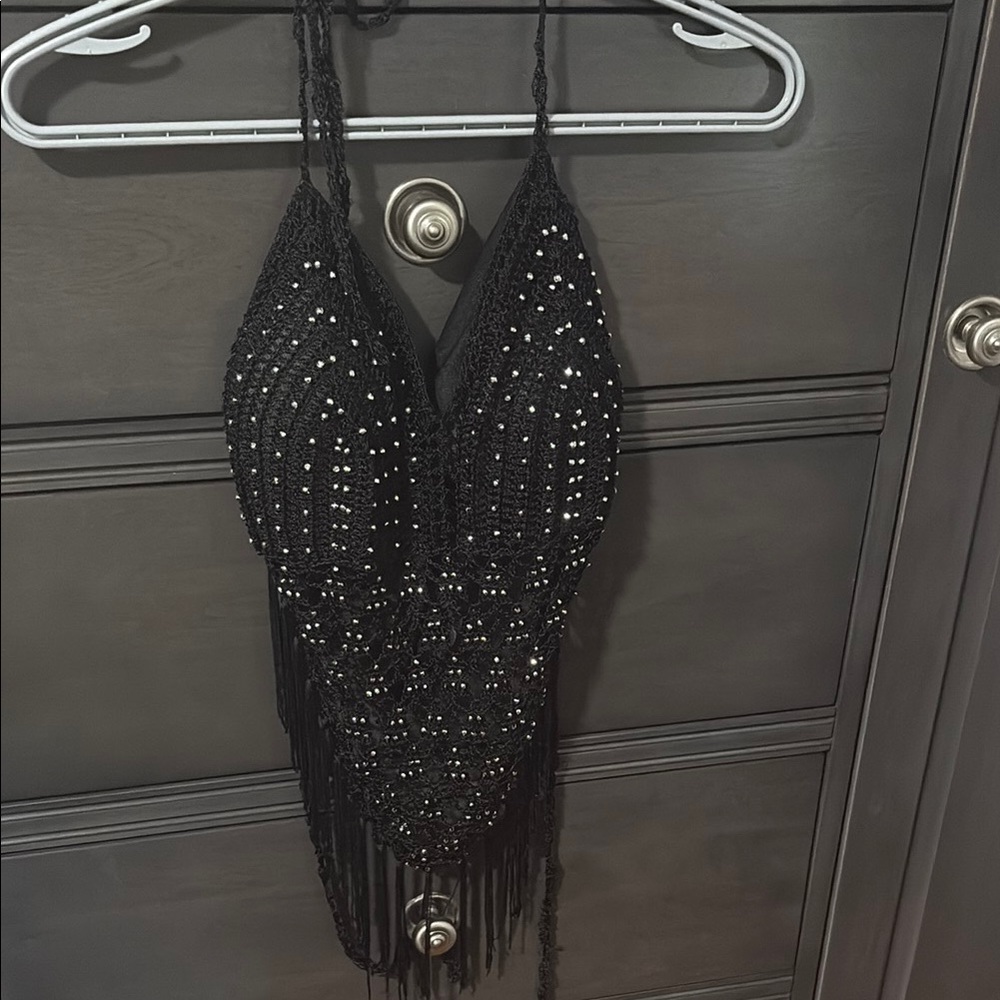 Elegant Black Beaded Halter Top with Fringe